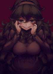 Rule 34 | 1girl, alternate breast size, blue eyes, breasts, crazy smile, creatures (company), dress, game freak, hairband, half-closed eyes, hands on own face, heart, heart-shaped pupils, hex maniac (pokemon), large breasts, long hair, long sleeves, looking at viewer, makaroll, messy hair, nintendo, npc trainer, pale skin, pink lips, pokemon, pokemon xy, purple dress, purple hair, smile, solo, symbol-shaped pupils, teeth, turtleneck, very long hair