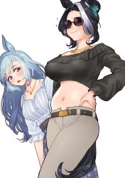 Rule 34 | 2girls, absurdres, animal ears, belly, belt, blue hair, blush, braid, breasts, casual, cleavage, closed mouth, collarbone, commentary request, crown braid, hair bun, hair ornament, highres, horse ears, horse tail, jewelry, large breasts, mejiro ardan (umamusume), mejiro ramonu (umamusume), multiple girls, navel, necklace, open mouth, pants, plump, pout, purple eyes, simple background, sunglasses, surprised, suzysasato, tail, umamusume, white background