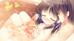 Rule 34 | 1boy, 1girl, :d, bare legs, bare shoulders, bath, bathroom, bathtub, black hair, blush, braid, braided hair rings, breasts, brown hair, censored, closed eyes, collarbone, completely nude, couple, faceless, faceless male, fingernails, flat chest, full-face blush, game cg, grabbing, grabbing another&#039;s breast, hair between eyes, hair ribbon, hair rings, happy, hetero, highres, indoors, kimi e okuru sora no hana, kitao sekka, knees, leaning back, leaning on person, legs, long hair, long image, male hand, mixed-sex bathing, mosaic censoring, nipples, nude, open mouth, own hands clasped, own hands together, parted lips, ribbon, rubber duck, shared bathing, sitting, smile, water, wet, wet hair, wide image, yukie (peach candy)