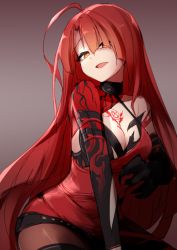 Rule 34 | 1girl, :d, ahoge, asymmetrical clothes, black gloves, bloody queen (elsword), breasts, chest tattoo, cleavage, cowboy shot, crimson avenger (elsword), elesis (elsword), elsword, gloves, grey background, long hair, looking at viewer, medium breasts, open mouth, orange eyes, pantyhose, red hair, smile, solo, tattoo, waero