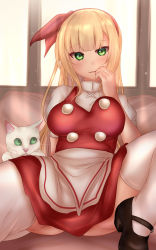 Rule 34 | 1boy, 1girl, apron, black footwear, blonde hair, bow, breasts, cat, ellen (touhou), gluteal fold, green eyes, hair bow, highres, large breasts, long hair, mary janes, open mouth, puffy short sleeves, puffy sleeves, red bow, red skirt, red vest, shirt, shoes, short sleeves, shounen (hogehoge), sitting, skirt, sokrates (touhou), thighhighs, touhou, touhou (pc-98), vest, waist apron, white apron, white shirt, white thighhighs