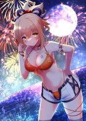 Rule 34 | 1girl, absurdres, aerial fireworks, bare arms, bare shoulders, bikini, bikini under clothes, blonde hair, blush, breasts, brown eyes, cleavage, collarbone, commentary request, fireworks, front-tie bikini top, front-tie top, full moon, genshin impact, grin, hand on own hip, highres, horizon, medium breasts, moon, nail polish, navel, night, night sky, o-ring, ocean, open clothes, open fly, open shorts, orange bikini, outdoors, ponytail, red nails, shibakame, short shorts, shorts, sky, smile, solo, star (sky), starry sky, swimsuit, wading, water, white shorts, yoimiya (genshin impact)