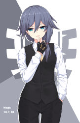 Rule 34 | 1girl, artist name, black gloves, black hair, black pants, black vest, blue eyes, collared shirt, cowboy shot, dated, earrings, fingerless gloves, fu hua, gloves, hair between eyes, hair tie, hand in pocket, highres, honkai (series), honkai impact 3rd, jewelry, long hair, long sleeves, looking at viewer, nail polish, necktie, neps-l, pants, reverse trap, shirt, single earring, solo, standing, thumb to mouth, tsurime, v-shaped eyebrows, vest, white shirt, wing collar, yellow necktie