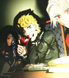 Rule 34 | 3boys, alcohol, artist name, black jacket, chair, character request, cup, deviidog0, drinking glass, food, giorno giovanna, green background, guido mista, hand on own cheek, hand on own face, hands up, head rest, highres, holding, holding cup, indoors, jacket, jojo no kimyou na bouken, knife, long hair, long sleeves, looking at viewer, male focus, multiple boys, photo (object), plate, red-eye effect, red eyes, red wine, table, twitter username, upper body, vento aureo, white hair, wine, wine glass
