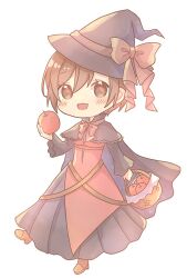Rule 34 | 1girl, apple, aquamarinu, basket, black cape, black hat, black skirt, black sleeves, blush, bow, brown footwear, brown hair, cape, chibi, collared cape, dress, evillious nendaiki, fang, food, frilled cape, fruit, halloween, halloween costume, hat, hat bow, highres, holding, holding basket, holding food, holding fruit, leg up, looking at viewer, majo salmhofer no toubou (vocaloid), meiko (vocaloid), meta salmhofer, red apple, red bow, red dress, shoes, short hair, skin fang, skirt, solo, standing, standing on one leg, vocaloid, witch, witch hat