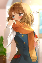Rule 34 | 1girl, ahoge, blue dress, blue eyes, blurry, blurry background, blush, box, brown hair, commentary request, covered mouth, dated, depth of field, dress, fringe trim, gift, gift box, hand up, happy birthday, highres, holding, holding gift, idolmaster, idolmaster million live!, long sleeves, looking away, looking to the side, nira (vira), orange scarf, pinafore dress, scarf, shirt, sleeveless, sleeveless dress, solo, suou momoko, translated, uniform series (idolmaster), white shirt