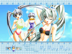 Rule 34 | 3girls, ball, beachball, bikini, day, leese (my merry may be), multiple girls, my merry may be, one eye closed, ponytail, reu (my merry may be), swimsuit, twintails, wallpaper, wink