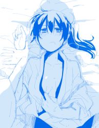 Rule 34 | 10s, 1girl, blue theme, breasts, collarbone, japanese clothes, kaga (kancolle), kantai collection, large breasts, long hair, looking at viewer, lying, monochrome, myama, on back, on bed, open clothes, pov, side ponytail, sketch, solo, sweat, undressing, upper body