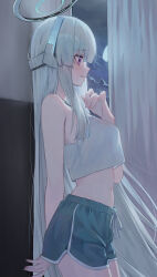 Rule 34 | 1girl, absurdres, blue archive, blush, breasts, cowboy shot, dolphin shorts, from side, grey hair, grey shorts, halo, highres, huhi (huhi 1211), indoors, large breasts, long hair, mechanical halo, navel, noa (blue archive), open mouth, profile, purple eyes, shorts, solo, tank top, white tank top