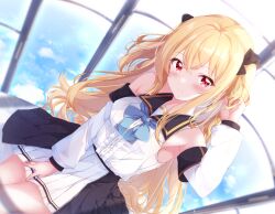 Rule 34 | 1girl, bare shoulders, black bow, black skirt, blonde hair, blue bow, blue sky, blush, bow, breasts, center frills, closed mouth, cloud, commentary request, day, detached sleeves, frills, fuuna, hair between eyes, hair bow, hand up, highres, long hair, long sleeves, looking at viewer, original, pleated skirt, puffy long sleeves, puffy sleeves, red eyes, ribbon trim, shirt, sidelocks, skirt, sky, sleeveless, sleeveless shirt, small breasts, smile, solo, two side up, very long hair, white shirt, white skirt, white sleeves