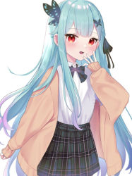 Rule 34 | 1girl, blush, bow, bowtie, braid, butterfly hair ornament, cardigan, cowboy shot, gradient hair, green hair, hair ornament, hololive, long sleeves, looking at viewer, miniskirt, multicolored hair, negima (le ne38), official alternate costume, open mouth, plaid, plaid bow, plaid bowtie, plaid skirt, pleated skirt, purple hair, red eyes, shirt, shirt tucked in, simple background, skirt, sleeves past wrists, smile, solo, uruha rushia, uruha rushia (school uniform), virtual youtuber, white background, white shirt