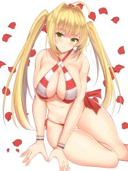Rule 34 | 1girl, ahoge, bead bracelet, beads, bikini, blush, bracelet, breasts, cleavage, closed mouth, criss-cross halter, fate/grand order, fate (series), green eyes, hair intakes, halterneck, jewelry, large breasts, long hair, looking at viewer, nero claudius (fate), nero claudius (fate) (all), nero claudius (swimsuit caster) (fate), noeomi, petals, side-tie bikini bottom, sitting, smile, solo, striped bikini, striped clothes, swimsuit, thigh gap, twintails