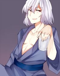 Rule 34 | 1boy, collarbone, cup, drinking glass, holding, japanese clothes, jirou (tamaho39), kimono, looking to the side, male focus, open clothes, open kimono, red eyes, simple background, solo, tohno shiki (2), tsukihime, white hair