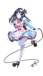 Rule 34 | 1girl, aleister air, alternate costume, black footwear, black hair, blue dress, blue eyes, blush, bow, bowtie, cake, dress, enmaided, food, formation girls, full body, goggles, goggles on head, heterochromia, high heels, highres, holding, holding plate, holding whip, long hair, looking at viewer, maid, official art, one side up, orange eyes, pink bow, pink bowtie, plate, smile, solo, tenkuu nozora, thighhighs, transparent background, white thighhighs