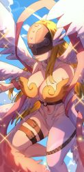 Rule 34 | 1girl, angel, angel girl, angewomon, belt, blonde hair, breasts, buckle, cleavage, digimon, digimon (creature), female focus, highres, large breasts, lipstick, long hair, makeup, mask, navel, solo, thigh strap, wings