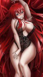 Rule 34 | 1girl, ahoge, arm up, artist name, blue eyes, blush, breasts, cleavage, commission, curvy, embarrassed, female focus, hand on own thigh, high school dxd, highleg, highres, large breasts, lingerie, long hair, looking at viewer, lying, mouth hold, on back, red background, red hair, rias gremory, shizuko hideyoshi, signature, solo, teddy (lingerie), thick thighs, thighs, underwear, underwear only, wide hips