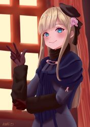 Rule 34 | 1girl, amai to mato, artist name, black hat, blonde hair, blue capelet, blue eyes, blunt bangs, blush, brown gloves, capelet, commentary request, curtains, fate (series), flat chest, flower, gloves, hair ornament, hand up, hat, highres, jacket, long hair, long sleeves, looking at viewer, lord el-melloi ii case files, reines el-melloi archisorte, smile, solo, window