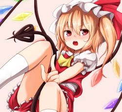 Rule 34 | &gt;:o, 1girl, :o, ascot, baram, blonde hair, blush, crystal, flandre scarlet, frilled skirt, frills, hat, hat ribbon, laevatein (tail), looking at viewer, looking away, mob cap, open mouth, puffy short sleeves, puffy sleeves, red eyes, red ribbon, red skirt, red vest, ribbon, short sleeves, side ponytail, skirt, socks, solo, tail, teeth, touhou, v-shaped eyebrows, vest, white socks, wings