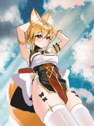 Rule 34 | 1girl, animal ear fluff, animal ears, armpits, arms up, bare shoulders, bell, black dress, blue sky, breasts, brown hair, cloud, commentary, copyright request, day, dress, fox ears, fox girl, fox tail, hair between eyes, liyou-ryon, medium breasts, orange eyes, outdoors, pelvic curtain, sky, sleeveless, sleeveless dress, solo, standing, tail, thighhighs, virtual youtuber, white thighhighs