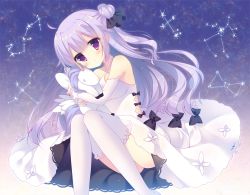 Rule 34 | 1girl, ahoge, ass, azur lane, commentary request, detached sleeves, hugging doll, dress, hair bun, long hair, looking at viewer, hugging object, one side up, purple eyes, purple hair, side bun, single hair bun, single side bun, sitting, sky, solo, star (sky), starry sky, stuffed animal, stuffed pegasus, stuffed toy, stuffed unicorn, stuffed winged unicorn, sumii, thighhighs, unicorn (azur lane), white dress, white thighhighs