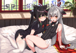 Rule 34 | 2girls, animal ears, arm support, bed sheet, black dress, black hair, blue archive, breasts, brown eyes, china dress, chinese clothes, closed mouth, dress, green eyes, grey hair, halo, highres, indoors, jamgom, kokona (blue archive), long hair, looking at viewer, multiple girls, open mouth, short sleeves, shun (blue archive), shun (small) (blue archive), siblings, sisters, sitting, sleeveless, sleeveless dress, small breasts, smile, striped clothes, striped dress, thighhighs, twintails, vertical-striped clothes, vertical-striped dress, white thighhighs