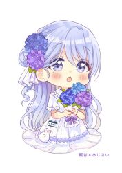 Rule 34 | 1girl, blue eyes, blue flower, blush, bouquet, character request, chibi, flower, full body, hair bun, highres, holding, holding bouquet, long hair, looking at viewer, mole, mole under eye, open mouth, purple flower, purple hair, sakura oriko, shirt, short sleeves, simple background, solo, standing, swept bangs, takasaki-sen meguri, translation request, very long hair, white background, white shirt