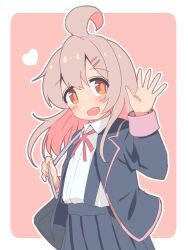 Rule 34 | 1girl, :d, ahoge, bag, black jacket, black skirt, border, brown eyes, commentary, genderswap, genderswap (mtf), hair between eyes, hair ornament, hairclip, hand up, heart, highres, holding strap, jacket, light blush, long hair, long sleeves, looking at viewer, neck ribbon, old school swimsuit, onii-chan wa oshimai!, open clothes, open jacket, open mouth, outline, outside border, oyama mahiro, pink background, pink hair, pleated skirt, red ribbon, ribbon, school swimsuit, shirt, shoulder bag, simple background, skirt, smile, solo, suspender skirt, suspenders, swimsuit, unkimo, waving, white border, white outline, white shirt, wing collar