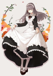 Rule 34 | 1girl, :d, ^ ^, absurdres, apron, bad id, bad pixiv id, black dress, black footwear, brown flower, brown hair, brown rose, closed eyes, commentary request, dress, facing viewer, flower, full body, grey background, highres, long dress, long hair, long sleeves, maid, maid apron, maid headdress, mary janes, open mouth, orange flower, original, pantyhose, pigeon-toed, pink flower, pink rose, revision, rose, shii (kairi-t-k0317), shoes, skirt hold, smile, solo, standing, white apron, white flower, white pantyhose, yellow flower, yellow rose