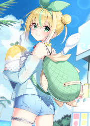 Rule 34 | 1girl, ass, backpack, bag, bare shoulders, blonde hair, blue shirt, blue shorts, blue sky, closed mouth, cloud, commentary request, cup, day, disposable cup, double bun, food, gradient hair, green eyes, green hair, green ribbon, hair between eyes, hair bun, hair ribbon, highres, indie virtual youtuber, kogame hinatsu, looking at viewer, looking back, multicolored hair, off-shoulder shirt, off shoulder, ominaeshi (takenoko), outdoors, oversized object, ribbon, shaved ice, shirt, short shorts, shorts, sidelocks, sky, smile, solo, spoon, streaked hair, thigh strap, virtual youtuber, white hair