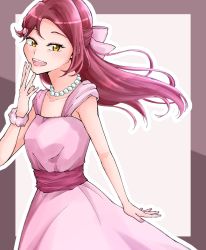 Rule 34 | 1girl, artist name, artist request, blush, bow, breasts, brown eyes, brown hair, collarbone, dress, female focus, hair bow, hair ornament, hairclip, highres, jewelry, long hair, looking at viewer, love live!, love live! school idol festival, love live! sunshine!!, miwo classic, necklace, parted lips, pearl necklace, pink bow, pink dress, pink scrunchie, pink skirt, polka dot, polka dot scrunchie, puffy short sleeves, puffy sleeves, red hair, riharu (miwo classic), sakurauchi riko, scrunchie, short sleeves, skirt, small breasts, smile, solo, white bow, wrist scrunchie, yellow eyes