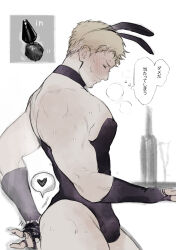 Rule 34 | 1boy, absurdres, anal, anal object insertion, anal tail, animal ears, bara, blonde hair, bulge, butt plug, cowboy shot, crossdressing, detached collar, facial hair, fake tail, from side, gay, heart, highres, kf2impossible, large pectorals, leotard, male focus, male penetrated, male playboy bunny, muscular, muscular male, mustache stubble, object insertion, pectorals, profile, rabbit ears, rabbit tail, reiner braun, sex toy, shingeki no kyojin, short hair, sideburns stubble, skin tight, solo, spoken heart, stubble, sweat, tail, tail grab, thick thighs, thighs, torogao, uncommon stimulation, very sweaty