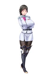 Rule 34 | 00s, 1girl, black hair, breasts, crossed arms, female focus, highres, julia bloodstone, kangoku academia, kangoku senkan, large breasts, lilith-soft, looking at viewer, pantyhose, prison academia, red eyes, shiny skin, short hair, sian, solo, standing, transparent background, uniform