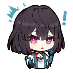 Rule 34 | !, 1girl, black hair, cavcaz, chibi, commentary, cropped torso, hand up, honkai: star rail, honkai (series), looking at viewer, lowres, pink eyes, shirt, short hair, simple background, solo, upper body, white background, white shirt, xueyi (honkai: star rail)