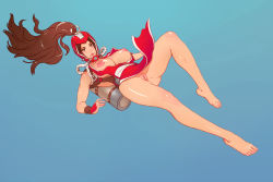 Rule 34 | 1girl, adapted costume, armor, barefoot, breasts, breasts out, brown eyes, brown hair, cleft of venus, clitoris, diving helmet, fatal fury, feet, full body, hair ribbon, helmet, high ponytail, highres, japanese armor, kote, kupocun, large areolae, large breasts, legs, lips, long hair, looking at viewer, ninja, nipples, no bra, no panties, parted bangs, pelvic curtain, pussy, revealing clothes, ribbon, rope, scuba tank, shimenawa, shiny skin, shiranui mai, snk, solo, the king of fighters, toes, uncensored, underwater, very long hair