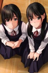 Rule 34 | 2girls, absurdres, black dress, black hair, blush, brown eyes, closed mouth, collared shirt, dress, from above, highres, indoors, long hair, long sleeves, looking at viewer, looking up, matsunaga kouyou, multiple girls, neck ribbon, nose blush, original, own hands together, pinafore dress, pleated dress, red ribbon, ribbon, school uniform, shirt, sleeveless, sleeveless dress, smile, squatting, white shirt, wooden floor