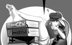 Rule 34 | 1girl, artist request, barefoot, book, feet, hat, legs, lying, monochrome, open book, reading, ringo (touhou), soles, source request, takoyaki, toes, touhou