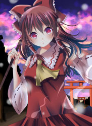 Rule 34 | 1girl, :o, absurdres, ascot, bad id, bad pixiv id, bow, brown hair, cloud, detached sleeves, gohei, hair bow, hair tubes, hakurei reimu, hand on own shoulder, head tilt, highres, hitodama, light particles, long hair, looking at viewer, outdoors, red eyes, skirt, skirt set, solo, torii, touhou, twilight, umi no suzuka, wind