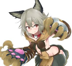 Rule 34 | 10s, 1girl, animal ears, blush, claw (weapon), collar, entitled 2 bass, erune, fangs, granblue fantasy, grey hair, highres, long hair, looking at viewer, sen (granblue fantasy), simple background, skirt, smile, solo, weapon, white background