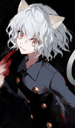 Rule 34 | 1girl, animal ears, black background, blood, blood on hands, cat ears, cat tail, fingernails, hair between eyes, hou (ppo), hunter x hunter, looking at viewer, parted lips, sharp fingernails, short hair, sidelocks, signature, smile, tail, upper body, white hair, yellow eyes