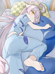 Rule 34 | 1girl, ahoge, blue archive, blue pajamas, closed mouth, halo, highres, hoshino (blue archive), long hair, one eye closed, oozumi 03, pajamas, pink hair, pink halo, smile, solo, stuffed animal, stuffed toy, stuffed whale, yellow eyes