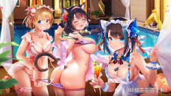 Rule 34 | 3girls, animal ear fluff, animal ears, apron, ass, azur lane, between breasts, bikini, bikini pull, black hair, blonde hair, blue bikini, blue eyes, blue flower, blue hair, blue nails, blue rose, blush, breasts, bridal garter, butt crack, cat ears, cat girl, cat tail, character request, cheshire (azur lane), cleavage, closed eyes, closed mouth, clothes pull, commentary request, cup, curtains, detached collar, drinking glass, flower, frilled apron, frills, grin, hair flower, hair ornament, hibiscus, holding, holding cup, large breasts, long hair, looking at viewer, maid headdress, medium breasts, multicolored hair, multiple girls, mwwhxl, nail polish, open mouth, petals, pink shirt, pool, pulling another&#039;s clothes, purple bikini, red eyes, red flower, rose, shirt, short hair, side-tie bikini bottom, smile, standing, streaked hair, swimsuit, tail, undressing another, white apron, white bikini, wooden floor, wrist cuffs, yellow flower