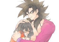Rule 34 | 1boy, 1girl, black gloves, black hair, blush, body fur, child, closed eyes, crying, dragon ball, dragon ball gt, fingerless gloves, fingernails, gloves, grandfather and granddaughter, hand on another&#039;s head, headpat, hug, libeuo (liveolivel), light smile, looking at another, manly, open mouth, pan (dragon ball), short hair, simple background, smile, son goku, spiked hair, super saiyan, super saiyan 4, tears, teeth, tomboy, upper body, white background, wristband, yellow eyes
