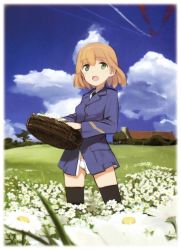 Rule 34 | 1girl, amelie planchard, basket, black thighhighs, blonde hair, cloud, day, field, flower, flower field, grass, green eyes, highres, necktie, no pants, open mouth, panties, shimada fumikane, short hair, sky, solo, strike witches, strike witches: katayoku no majo-tachi, thighhighs, tree, underwear, uniform, white panties, world witches series