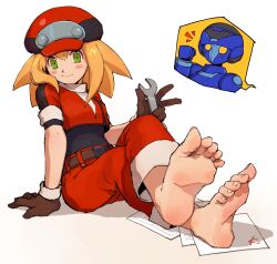 Rule 34 | 1boy, 1girl, alternate universe, artist request, barefoot, black bodysuit, blonde hair, blueprint (object), blush, bodysuit, bodysuit under clothes, breasts, brown gloves, excited, feet, gloves, green eyes, hat, highres, holding, holding wrench, medium breasts, mega man (series), mega man legends (series), mega man volnutt, non-humanoid robot, non-web source, pants, papers, red hat, red pants, red shirt, robot, roll caskett (mega man), shirt, soles, toes, touhou3939, wrench
