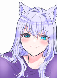 Rule 34 | 1girl, animal ear fluff, animal ears, blue eyes, cat ears, closed mouth, commentary request, highres, long hair, looking at viewer, noripro, purple hair, purple shirt, shirayuki mishiro, shirt, simple background, smile, solo, upper body, virtual youtuber, white background, yuri kyanon