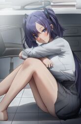 Rule 34 | 1girl, absurdres, bare legs, black skirt, blue archive, blue eyes, blush, breasts, chair, closed mouth, desk, gileu, halo, highres, large breasts, long hair, looking at viewer, miniskirt, office chair, pleated skirt, purple hair, shirt, shirt tucked in, sitting, skirt, solo, swivel chair, thighs, very long hair, white shirt, yuuka (blue archive)