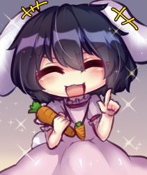 Rule 34 | 1girl, animal ears, black hair, carrot, carrot necklace, closed eyes, dress, floppy ears, food, gradient background, inaba tewi, index finger raised, jewelry, necklace, one-hour drawing challenge, open mouth, pink dress, rabbit ears, rabbit girl, rabbit tail, short hair, solo, star (symbol), tail, touhou, unime seaflower, vegetable, white tail