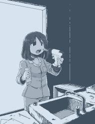 Rule 34 | 1girl, bathroom, breast pocket, drill, empty eyes, faucet, hamsterfragment, hands up, holding, indoors, jaggy lines, long sleeves, medium hair, monochrome, no pupils, open mouth, original, pajamas, pocket, power drill, power tool, sink, solo, suicidal girl (hamsterfragment), teeth, toothpaste, upper teeth only