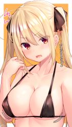 Rule 34 | 1girl, bad id, bad pixiv id, bare shoulders, black ribbon, blonde hair, blonde hair-chan (ramchi), blush, breasts, brown eyes, cleavage, collarbone, commentary request, covered erect nipples, fang, hair between eyes, hair ribbon, highres, large breasts, long hair, looking at viewer, open mouth, original, ramchi, ribbon, signature, simple background, skin fang, solo, swimsuit, translation request, white background, yellow background