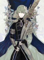 Rule 34 | 1boy, absurdres, areadbhar (weapon), byleth (fire emblem), byleth (male) (fire emblem), cape, cloak, femja, fire emblem, fire emblem: three houses, flower, gloves, green eyes, green hair, hair flower, hair ornament, heroes relic (fire emblem), highres, holding, holding lance, holding polearm, holding weapon, lance, male focus, nintendo, open mouth, polearm, short hair, simple background, solo, sword, weapon